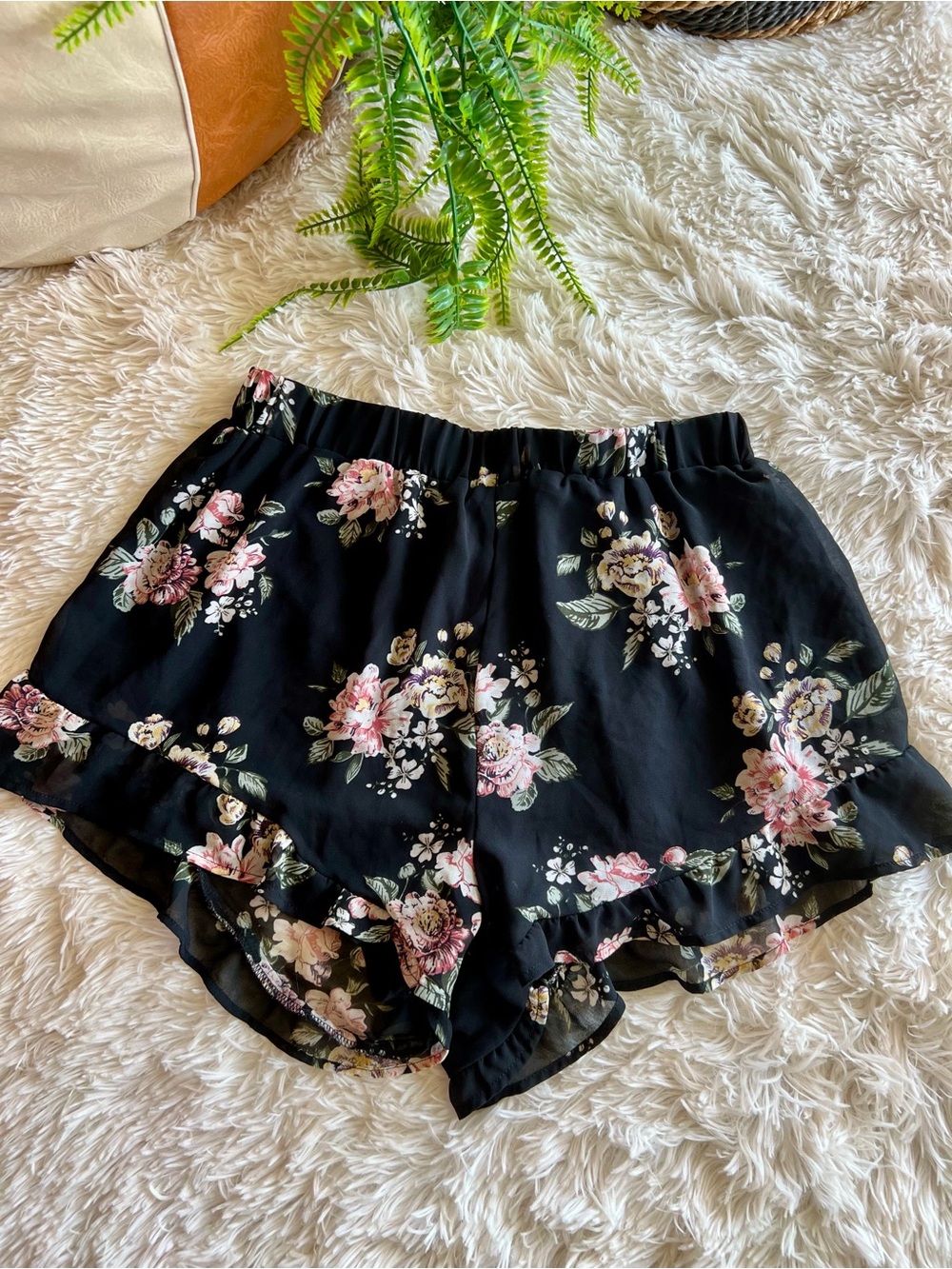 Divided Black Floral Ruffle Skort Shorts with Pink Blooms